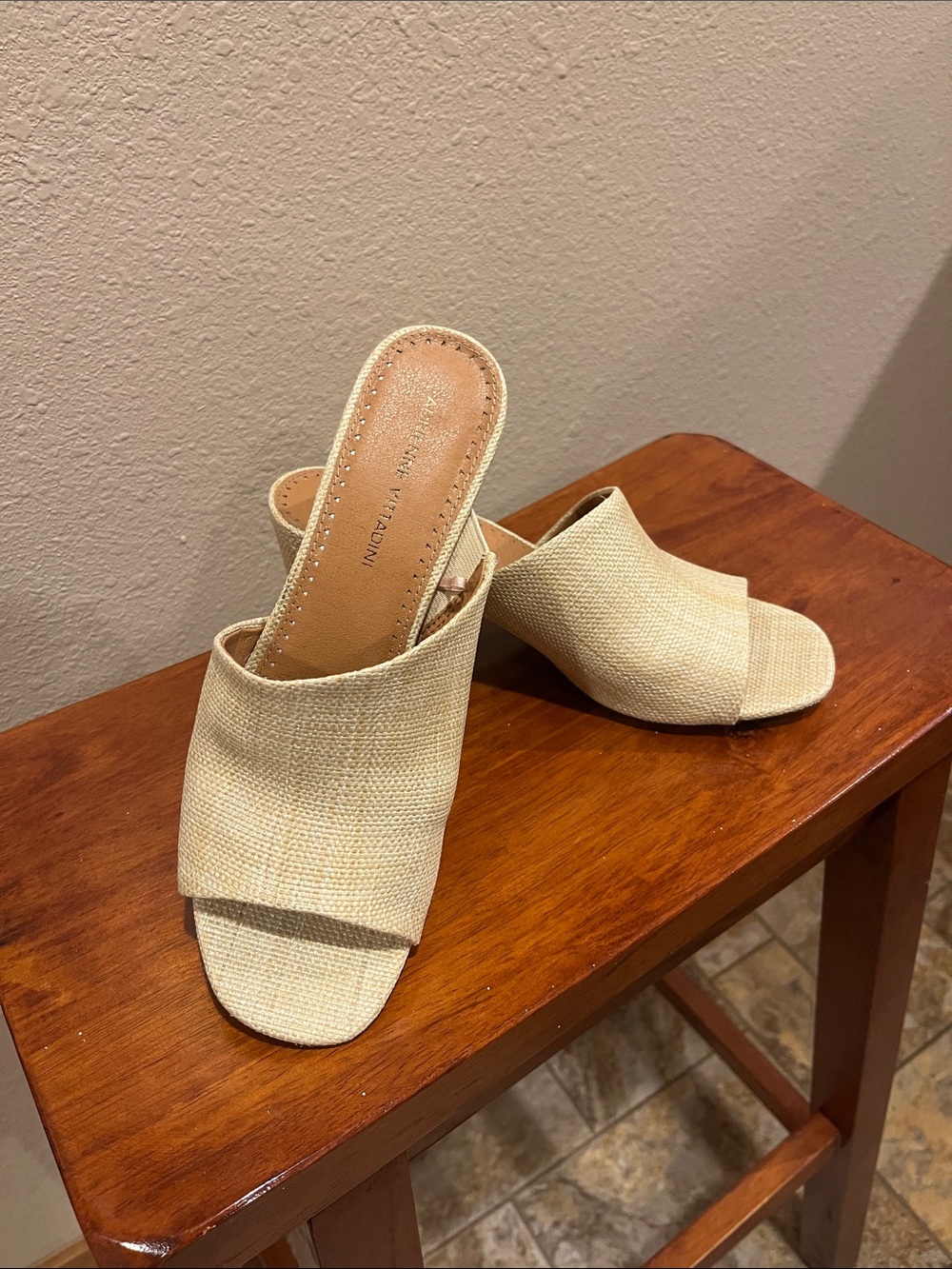 Adrienne Vittadini Natural Beige Open-Toe Block Heel Mules